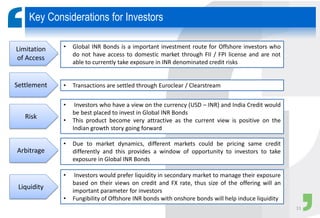 Key Considerations for Investors
Limitation
of Access
Settlement
Risk
Arbitrage
Liquidity
• Global INR Bonds is a important investment route for Offshore investors who
do not have access to domestic market through FII / FPI license and are not
able to currently take exposure in INR denominated credit risks
• Transactions are settled through Euroclear / Clearstream
• Investors who have a view on the currency (USD – INR) and India Credit would
be best placed to invest in Global INR Bonds
• This product become very attractive as the current view is positive on the
Indian growth story going forward
• Due to market dynamics, different markets could be pricing same credit
differently and this provides a window of opportunity to investors to take
exposure in Global INR Bonds
• Investors would prefer liquidity in secondary market to manage their exposure
based on their views on credit and FX rate, thus size of the offering will an
important parameter for investors
• Fungibility of Offshore INR bonds with onshore bonds will help induce liquidity
11
 