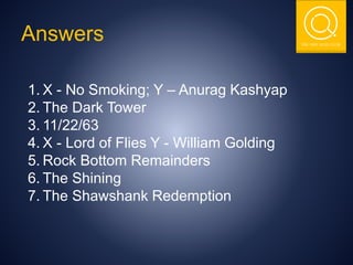 THE NSIT QUIZ CLUB
Answers
1. X - No Smoking; Y – Anurag Kashyap
2. The Dark Tower
3. 11/22/63
4. X - Lord of Flies Y - William Golding
5. Rock Bottom Remainders
6. The Shining
7. The Shawshank Redemption
 