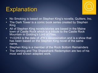 THE NSIT QUIZ CLUB
Explanation
• No Smoking is based on Stephen King’s novella, Quitters, Inc.
• The Dark Tower is a comic book series created by Stephen
King
• All of Stephen King novels/stories are based in the Maine
town of Castle Rock which is a tribute to the Castle Rock
Mountain in Golding’s Lord of Flies.
• 11/22/63 is the date of JFK’s assassination and is a show that
has been based on the Stephen King novel of the same
name.
• Stephen King is a member of the Rock Bottom Remainders
• The Shining and The Shawshank Redemption are two of his
most well known adapted work.
 