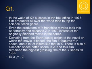 THE NSIT QUIZ CLUB
Q1.
• In the wake of X’s success in the box-office in 1977,
film producers all over the world tried to tap the
science fiction genre.
• Even the producers of Y franchise movies took this
opportunity and released Z in 1979 instead of the
originally planned movie in the series.
• Deviating from the Earth-based action of the novel on
which the movie is based, the film Z features Y in
space, and a lot of lasers like that in X. There is also a
climactic space battle scene in Z and this film
remained the highest grossing film of the Y series till
1995.
• ID X ,Y , Z
 