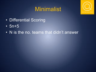 THE NSIT QUIZ CLUB
Minimalist
• Differential Scoring
• 5n+5
• N is the no. teams that didn’t answer
 