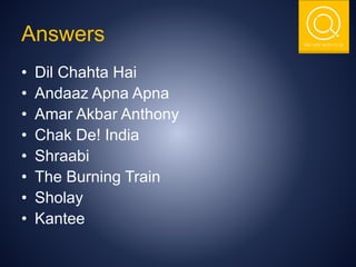 THE NSIT QUIZ CLUB
Answers
• Dil Chahta Hai
• Andaaz Apna Apna
• Amar Akbar Anthony
• Chak De! India
• Shraabi
• The Burning Train
• Sholay
• Kantee
 