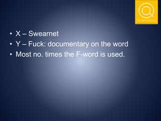 THE NSIT QUIZ CLUB
• X – Swearnet
• Y – Fuck: documentary on the word
• Most no. times the F-word is used.
 