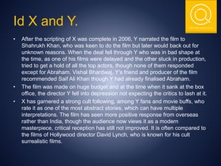 THE NSIT QUIZ CLUB
Id X and Y.
• After the scripting of X was complete in 2006, Y narrated the film to
Shahrukh Khan, who was keen to do the film but later would back out for
unknown reasons. When the deal fell through Y who was in bad shape at
the time, as one of his films were delayed and the other stuck in production,
tried to get a hold of all the top actors, though none of them responded
except for Abraham. Vishal Bhardwaj, Y's friend and producer of the film
recommended Saif Ali Khan though Y had already finalised Abraham.
• The film was made on huge budget and at the time when it sank at the box
office, the director Y fell into depression not expecting the critics to lash at it.
• X has garnered a strong cult following, among Y fans and movie buffs, who
rate it as one of the most abstract stories, which can have multiple
interpretations. The film has seen more positive response from overseas
rather than India, though the audience now views it as a modern
masterpiece, critical reception has still not improved. It is often compared to
the films of Hollywood director David Lynch, who is known for his cult
surrealistic films.
 