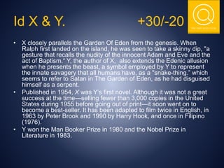 THE NSIT QUIZ CLUB
Id X & Y. +30/-20
• X closely parallels the Garden Of Eden from the genesis. When
Ralph first landed on the island, he was seen to take a skinny dip, "a
gesture that recalls the nudity of the innocent Adam and Eve and the
act of Baptism.“ Y, the author of X, also extends the Edenic allusion
when he presents the beast, a symbol employed by Y to represent
the innate savagery that all humans have, as a "snake-thing.” which
seems to refer to Satan in The Garden of Eden, as he had disguised
himself as a serpent.
• Published in 1954, X was Y’s first novel. Although it was not a great
success at the time—selling fewer than 3,000 copies in the United
States during 1955 before going out of print—it soon went on to
become a best-seller. It has been adapted to film twice in English, in
1963 by Peter Brook and 1990 by Harry Hook, and once in Filipino
(1976).
• Y won the Man Booker Prize in 1980 and the Nobel Prize in
Literature in 1983.
 
