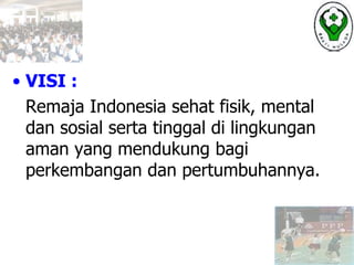 • VISI :
Remaja Indonesia sehat fisik, mental
dan sosial serta tinggal di lingkungan
aman yang mendukung bagi
perkembangan dan pertumbuhannya.
 