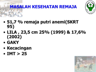 MASALAH KESEHATAN REMAJA
• 51,7 % remaja putri anemi(SKRT
95)
• LILA , 23,5 cm 25% (1999) & 17,6%
(2002)
• GAKY
• Kecacingan
• IMT > 25
 
