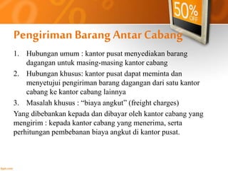 Pengiriman Barang Antar Cabang 
1. Hubungan umum : kantor pusat menyediakan barang 
dagangan untuk masing-masing kantor cabang 
2. Hubungan khusus: kantor pusat dapat meminta dan 
menyetujui pengiriman barang dagangan dari satu kantor 
cabang ke kantor cabang lainnya 
3. Masalah khusus : “biaya angkut” (freight charges) 
Yang dibebankan kepada dan dibayar oleh kantor cabang yang 
mengirim : kepada kantor cabang yang menerima, serta 
perhitungan pembebanan biaya angkut di kantor pusat. 
 