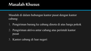 Masalah Khusus
Masalah di dalam hubungan kantor pusat dengan kantor
cabang:
1. Pengiriman barang ke cabang dinota di atas ...