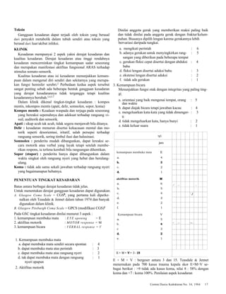 Cermin Dania Kedokteran No. 34, 1984 17 
Toksin 
Gangguan kesadaran dapat terjadi oleh toksin yang berasal 
dari penyakit metabolik dalam tubuh sendiri atau toksin yang 
berasal dari luar/akibat infeksi. 
KLINIK 
Kesadaran mempunyai 2 aspek yakni derajat kesadaran dan 
kualitas kesadaran. Derajat kesadaran atau tinggi rendahnya 
kesadaran mencerminkan tingkat kemampuan sadar seseorang 
dan merupakan manifestasi aktifitas fungsional ARAS terhadap 
stimulus somato-sensorik. 
Kualitas kesadaran atau isi kesadaran menunjukkan kemam-puan 
dalam mengenal diri sendiri dan sekitarnya yang merupa-kan 
fungsi hemisfer serebri.2 Perbedaan kedua aspek tersebut 
sangat penting sebab ada beberapa bentuk gangguan kesadaran 
yang derajat kesadarannya tidak terganggu tetapi kualitas 
kesadarannya berubah.3,4,5,7 
Dalam klinik dikenal tingkat-tingkat kesadaran : kompos 
mentis, inkompos mentis (apati, delir, somnolen, sopor, koma) 
Kompos mentis : Keadaan waspada dan terjaga pada seseorang 
yang bereaksi sepenuhnya dan adekuat terhadap rangsang vi-suil, 
auditorik dan sensorik. 
Apati : sikap acuh tak acuh, tidak segera menjawab bila ditanya. 
Delir : kesadaran menurun disertai kekacauan mental dan mo-torik 
seperti desorientasi, iritatif, salah persepsi terhadap 
rangsang sensorik, sering timbul ilusi dan halusinasi. 
Somnolen : penderita mudah dibangunkan, dapat lereaksi se-cara 
motorik atau verbal yang layak tetapi setelah membe-rikan 
respons, ia terlena kembali bila rangsangan dihentikan. 
Sopor (stupor) : penderita hanya dapat dibangunkan dalam 
waktu singkat oleh rangsang nyeri yang hebat dan berulang-ulang. 
Koma : tidak ada sama sekali jawaban terhadap rangsang nyeri 
yang bagaimanapun hebatnya. 
PENENTUAN TINGKAT KESADARAN 
Batas antara berbagai derajat kesadaran tidak jelas. 
Untuk menentukan derajat gangguan kesadaran dapat digunakan: 
A. Glasgow Coma Scale = CGS8, yang pertama kali diperke-nalkan 
oleh Teasdale & Jennet dalam tahun 1974 dan banyak 
digunakan dalam klinik. 
B. Glasgow Pitsburgh Coma Scale = GPCS (modifikasi CGS)2 
Pada GSC tingkat kesadaran dinilai menurut 3 aspek : 
1. kemampuan membuka mata : EYE opening = E 
2. aktifitas motorik : MOTOR response = M 
3. kemampuan bicara : VERBAL response = V 
1. Kemampuan membuka mata 
a. dapat membuka mata sendiri secara spontan : 4 
b. dapat membuka mata atas perintah : 3 
c. dapat membuka mata atas rangsang nyeri : 2 
d. tak dapat membuka mata dengan rangsang : 1 
nyeri apapun 
2. Aktifitas motorik 
Dinilai anggota gerak yang memberikan reaksi paling baik 
dan tidak dinilai pada anggota gerak dengan fraktur/kelum-puhan. 
Biasanya dipilih lengan karena gerakannya lebih 
bervariasi daripada tungkai. 
a. mengikuti perintah : 6 
b. adanya gerakan untuk menyingkirkan rang- : 5 
sangan yang diberikan pada beberapa tempat 
c. gerakan fleksi cepat disertai dengan abduksi : 4 
bahu 
d. fleksi lengan disertai aduksi bahu : 3 
e. ekstensi lengan disertai aduksi : 2 
f. tidak ada gerakan : 1 
3. Kemampuan bicara 
Menunjukkan fungsi otak dengan integritas yang paling ting-gi. 
a. orientasi yang baik mengenai tempat, orang : 5 
dan waktu 
b. dapat diajak bicara tetapi jawaban kacau : 4 
c. mengeluarkan kata-kata yang tidak dimenger- : 3 
ti 
d. tidak mengeluarkan kata, hanya bunyi : 2 
e. tidak keluar suara : 1 
tgl. 
jam 
kemampuan membuka mata E 
a. 4 
b. 3 
c. 2 
d. 1 
aktifitas motorik M 
a. 6 
b. 5 
c. 4 
d. 3 
e. 2 
f. 1 
Kemampuan bicara V 
a. 5 
b. 4 
c 3 
d. 2 
e. 1 
-' - ~ i 
`J 
- --~ ~•--- 
E + M + V = 3 - 15 
E + M + V : bergeser antara 3 dan 15. Teasdale & Jennet 
menemukan pada 700 kasus trauma kepala skor E+M+V se-bagai 
berikut : >9 tidak ada kasus koma, nilai 8 : 58% dengan 
koma dan <7 : koma 100%. Penilaian aspek kesadaran 
 