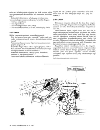 dalam arti sebaiknya tidak diangkat bila tidak terdapat gejala 
yang mengarah pada kemungkinan lesi massa atau penekanan 
otak.37 
Dalam hal fraktur impresi terbuka yang menyilang sinus 
venosus maka persyaratan untuk operasi bertambah dengan : 
— bila luka sangat kotor. 
— bila angulasi besar. 
— bila terdapat persediaan darah cukup. 
— bila terdapat ketrampilan (skill) dan peralatan yang cukup. 
PROGNOSIS 
Hal-hal yang dapat membantu menentukan prognosis : 
Usia dan lamanya koma pasca traumatik,38 makin muda usia, 
makin berkurang pengaruh lamanya koma terhadap restitusi 
mental. 
Tekanan darah pasca trauma. Hipertensi pasca trauma mem-perjelek 
prognosis.38 
Pupil lebar dengan fefleks cahaya negatif, prognosis jelek.35 
Reaksi motorik abnormal (dekortikasi/deserebrasi) biasanya 
tanda penyembuhan akan tidak sempurna.35 
Hipertermi, hiperventilasi, Cheyne-Stokes, deserebrasi: 
menjurus ke arah hidup vegetatif.35,39 
Apnea, pupil tak ada reaksi cahaya, gerakan refleks mata 
negatif, tak ada gerakan apapun merupakan tanda-tanda 
brain death. Ini perlu dilengkapi dengan EEG yang iso-elektrik. 
35 
RINGKASAN 
Dibicarakan mengenai cedera otak dan dasar-dasar pengelo-laannya, 
sehubungan dengan makin meningkatnya korban ke-celakaan 
lalu lintas dimana banyak diantaranya mengalami ce-dera 
otak. 
Akibat benturan kepala, terjadi cedera pada otak dan ja-ringan 
sekitarnya yang disebut dengan lesi primer. Bila korban 
dapat tetap bertahan, terjadi proses lebih lanjut yang dipenga-ruhi 
oleh faktor-faktor intrakranial maupun sistemik. Proses ini 
akan menghasilkan kerusakan-kerusakan yang disebut lesi 
sekunder. Mekanisme terjadinya cedera akibat benturan kepala 
dan patofisiologik proses selanjutnya telah dibicarakan; juga 
kerusakan-kerusakan pada jaringan sekitar otak. 
Pengelolaan meliputi pemeriksaan, observasi dan pengobat-an 
penderita baik secara konservatif maupun yang memerlukan 
tindakan operasi darurat. Dengan pengelolaan yang cepat, 
terutama pada saat proses terjadinya lesi-lesi sekunder, 
diharapkan dapat diperoleh hasil yang sebaik-baiknya bagi 
penderita. 
Daftar kepustakaan ada pada redaksi/penulis 
38 Cermin Dunia Kedokteran No. 34, 1984 
 