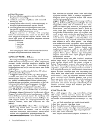 terdiri dari 4 komponen : 
1. kosa kata (leksikal) yang didapat sejak kecil dan dikem-bangkan 
terus seumur hidup. 
2. sintaktikal, suatu aturan yang dikuasai untuk membentuk 
kalimat yang benar. 
3. rentang ingatan auditif (auditory retention span) yang cu-kup 
lama untuk dapat memproses apa yang didengar. 
4. pemilihan saluran, suatu kemampuan untuk menyaring 
dan memilih masukan (input) dan keluaran (output) yang 
diperlukan untuk berbahasa menurut hirargi. 
Komponen-komponen ini diperlukan untuk mempelajari 
bahasa dan mempergunakannya secara baik dan benar. Pene-rapan 
penggunaan komponen-komponen tersebut dalam ber-bahasa 
dapat dilihat dari ketrampilan penggunaan modalitas 
bahasa sebagai berikut : 
1. berbicara 
2. menyimak 
3. menulis 
4. membaca 
Jenis-jenis gangguan bahasa dapat diterangkan berdasarkan 
ketrampilan menggunakan modalitas bahasa diatas. 
GANGGUAN WICARA—BAHASA 
Seseorang dapat terganggu wicaranya saja (speech disorder) 
ataukah bahasanya (language disorder). Kedua gangguan yang 
disatukan tersebut sebenarnya mempunyai perbedaan yang 
nyata. Gangguan wicara : bersifat perifer, disebabkan oleh 
kelainan-kelainan saraf perifer, otot dan struktur yang dipakai 
untuk berbicara. 
Gangguan bahasa : bersifat sentral, disebabkan oleh kelainan 
pada korteks serebri (fungsi luhur). 
1. Gangguan wicara : Sering disebut juga sebagai gangguan 
wicara dan suara (speech and voice disorder), karena memang 
mencakup kedua fungsi tadi. Lazim juga disebut dengan satu 
kata "disartria" untuk kemudahan. Kelainan-kelainan neuro-logik 
banyak yang menyebabkan gangguan wicara ini dan letak 
lesinya dapat ditetapkan berdasarkan gangguan fungsi dasar 
yang ditemukan. Juga penyakit-penyakit lain seperti THT, 
mulut, gigi-geligi, paru dan sebagainya dapat menyebabkan 
gejala "disartria" ini. Kami tidak membahas hal ini lebih lanjut. 
2. Gangguan bahasa : Gangguan ini lebih kompleks sifatnya. 
Gangguan bahasa dapat ditinjau dari aspek gangguan modal itas 
bahasa (berbicara, menyimak, menulis dan membaca), untuk 
membedakan afasia dari agnosia dan apraksia. Sedangkan dari 
aspek gangguan "berpikir" dan "cara penggunaan bahasa" dapat 
dibedakan demensia, kusut pikir (confusion) dan kasus 
psikiatrik. 
• gangguan multimodalitas bahasa : Afasia adalah gangguan 
bahasa yang meliputi semua modalitas yaitu berbicara, 
menyimak, menulis dan membaca. Tidak ada afasia yang 
salah satu modalitasnya masih sempurna. Biasanya semua 
terkena, hanya yang satu lebih berat daripada yang lain. 
• gangguan modalitas tunggal : Sering dijumpai pasien tidak 
4 Cermin Dania Kedokteran No. 34, 1984 
dapat berbicara dan menyimak bahasa, tetapi masih dapat 
menulis dan membaca. Pasien ini menderita agnosia auditif. 
Sebaliknya pasien yang menderita apraksia tidak mampu 
menulis, tetapi mampu berbicara. 
gangguan "berpikir" : Penggunaan bahasa yang tidak benar 
dapat juga disebabkan oleh gangguan cara berpikir dan salah 
menggunakan bahasa. Hal ini membedakan dari afasia, 
agnosia dan apraksia yang disebabkan oleh gangguan mo-dalitas 
bahasa. Contoh dari gangguan "berpikir" adalah de-mensia, 
kusut pikir (confusion) dan kasus psikiatrik. Di 
bawah ini akan dibahas sepintas tentang pola berbahasa pada 
contoh tersebut untuk memberikan gambaran bahwa ada 
gangguan bahasa yang non-afasia. Pola berbahasa pada 
pasien demensia menunjukkan kesalahan-kesalahan pada 
semua segi bahasa. Yang menyolok ialah ketidak mampuan 
untuk memberikan makna sebuah pepatah. Tidak mampu 
melaksanakan tugas verbal yang abstrak, seperti tidak dapat 
menyebutkan nama-nama benda dalam satu kategori (nama-nama 
hewan piaraan rumah). Reaksinya lambat, sukar 
mengikuti pembicaraan yang beralih dari satu judul ke judul 
yang lain. Pasien lupa apa yang baru saja dibicarakan. Selain 
gangguan bahasa, pasien demensia juga menunjukkan 
gangguan fungsi luhur lainnya seperti gangguan persepsi, 
memori, kognitif dan emosi. 
Pola berbahasa pasien kusut pikir (confused) tampaknya 
sepintas masih normal. la masih dapat menyebutkan nama 
benda, membaca kalimat pendek dan mudah, berhitung se-derhana. 
Tetapi mengalami kesukaran kalau tugas tersebut agak 
sulit. Pasien akan mengalami kesulitan menjawab pertanyaan 
yang terbuka, yang harus ia jawab dengan menyusun kalimat. la 
akan mengalami kesulitan pula dalam memberi makna sebuah 
pepatah. Walaupun kalimatnya benar tetapi isinya sering tidak 
cocok. la tidak sadar bahwa ia telah membuat kesalahan dalam 
pembicaraannya. Pasien juga mengalami gangguan orientasi 
waktu, orang dan tempat disamping gangguan yang tersebut 
diatas. Juga pasien sukar mempertahankan interaksinya dengan 
orang lain dalam waktu lama dan tidak dapat mengikuti 
pembicaraan terus menerus. Biasanya keadaan kusut pikir ini 
sementara (transient) sifatnya. Pola berbahasa pada kasus 
psikiatrik tidak dibahas disini. 
SINDROMA AFASIA 
Afasia adalah gangguan bahasa yang multimodalitas, artinya 
tidak mampu berbicara, menyimak, menulis dan membaca. 
Tergantung dari jenis afasinya, ketidak mampuan dalam moda-litas 
tersebut tidak merata tetapi satu lebih menonjol dari yang 
lain. 
Dari segi klinik, jenis afasia yang mudah dikenali adalah : 
1. afasia Broca (menonjol : tidak dapat bicara) 
2. afasia Wernicke (menonjol : tidak dapat menyimak) 
3. afasia anomik (menonjol : tidak dapat menyebut nama benda) 
4. afasia konduksi (menonjol : tidak dapat mengulang kalimat) 
5. afasia global (semua tidak dapat) 
Masih ada jenis-jenis afasia lain yang tidak dicantumkan, ka- 
 