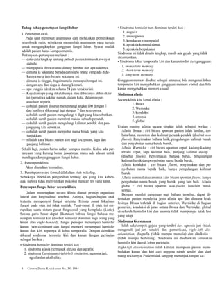 Tahap-tahap penetapan fungsi luhur 
1. Penetapan awal. 
Pada saat membuat anamnesis dan melakukan pemeriksaan 
neurologik rutin, sebaiknya menambah anamnesis yang tertuju 
untuk mengungkapkan gangguan fungsi luhur. Syarat mutlak 
adalah pasien harus kompos mentis. 
Pertanyaan-pertanyaan meliputi : 
— data-data lengkap tentang pribadi pasien termasuk riwayat 
dahulu. 
— mengapa ia dirawat atau datang berobat dan apa sakitnya. 
— dimana ia sekarang berada dan siapa orang yang ada dide-katnya 
serta jam berapa sekarang ini. 
— dimana ia tinggal, bagaimana ia mencapai tempat ini. 
— dengan apa dan siapa ia datang kemari. 
— apa yang ia lakukan selama 24 jam terakhir ini. 
— Kejadian apa yang diketahuinya atau dibacanya akhir-akhir 
ini (peristiwa sekitar rumah, dalam kota, dalam negeri 
atau luar negeri). 
— cobalah pasien disuruh mengurangi angka 100 dengan 7 
dan hasilnya dikurangi lagi dengan 7 dan seterusnya. 
— cobalah suruh pasien mengulangi 6 digit yang kita sebutkan. 
— cobalah suruh pasien memberi makna sebuah pepatah. 
— cobalah suruh pasien mengulangi kalimat pendek dan pan-jang 
yang kita sebutkan. 
— cobalah suruh pasien menyebut nama benda yang kita 
tunjukkan. 
— nilailah cara bicara pasien dari segi kecepatan, lagu dan 
panjang kalimat. 
Sekali lagi, pasien harus sadar, kompos mentis. Kalau ada per-tanyaan 
yang kurang benar jawabnya, maka ada alasan untuk 
menduga adanya gangguan fungsi luhur. 
2. Penetapan klinis. 
Akan diuraikan kemudian. 
3. Penetapan secara formal dilakukan oleh psikolog. 
Sebaiknya diberikan pengarahan tentang apa yang kita kehen-daki 
supaya tidak menyulitkan psikolog mencari tes yang tepat. 
Penetapan fungsi luhur secara klinis 
Dalam menetapkan secara klinis dianut prinsip organisasi 
lateral dan longitudinal serebral. Artinya, bagian-bagian otak 
tertentu mempunyai fungsi tertentu. Prinsip pusat lokalisasi 
fungsi pada otak ini tidak mutlak. Pusat-pusat di otak ini me-rupakan 
suatu sistem pusat fungsional yang kompleks (Luria). 
Secara garis besar dapat dikatakan bahwa fungsi bahasa me-nempati 
hemisfer kiri (disebut hemisfer dominan bagi orang yang 
kinan atau right-handed), fungsi persepsi menempati hemisfer 
kanan (non-dominan) dan fungsi memori menempati hemisfer 
kanan dan kiri, tepatnya di lobus temporalis. Dengan demikian 
dikenal sindroma hemisfer kiri dan kanan dengan perincian 
sebagai berikut : 
• Sindroma hemisfer dominan terdiri dari : 
1. sindroma afasia (termasuk aleksia dan agrafia) 
2. sindroma Gerstmann (right-left confusion, agnosia jari, 
agrafia dan akalkulia). 
8 Cermin Dunia Kedokteran No. 34, 1984 
• Sindroma hemisfer non-dominan terdiri dari : 
1. neglect 
2. anosognosia 
3. kesukaran visuospatial 
4. apraksia konstruksional 
5. apraksia berpakaian 
Sindroma ini tidak ditulis lengkap, masih ada gejala yang tidak 
dicantumkan. 
• Sindroma lobus temporalis kiri dan kanan terdiri dari gangguan: 
1. immediate memory 
2. short-term memory 
3. long-term memory 
Gangguan memori disebut sebagai amnesia; bila mengenai lobus 
temporalis kiri menyebabkan gangguan memori verbal dan bila 
kanan menyebabkan memori visual. 
Sindroma afasia 
Secara klinis kita kenal afasia : 
1. Broca 
2. Wernicke 
3. konduksi 
4. anomia 
5. global 
Uraian masing afasia secara singkat ialah sebagai berikut : 
Afasia Broca : ciri bicara spontan pasien ialah lambat, ter-bata- 
bata, monoton dan kalimat pendek-pendek (disebut non 
fluent). Penyimakan bahasa baik, pengulangan kalimat buruk 
dan penyebutan nama benda buruk. 
Afasia Wernicke : ciri bicara spontan cepat, kadang-kadang 
terlalu cepat, lagu kalimat baik, panjang kalimat cukup 
(disebut fluent). Penyimakan bahasa buruk, pengulangan 
kalimat buruk dan penyebutan nama benda buruk. 
Afasia konduksi : ciri bicara fluent, penyimakan dan pe-nyebutan 
nama benda baik, hanya pengulangan kalimat 
buruk. 
Afasia nominal atau anomia : ciri bicara spontan fluent, hanya 
penyebutan nama benda yang buruk, yang lain baik. Afasia 
global : ciri bicara spontan non-fluent, lain-lain buruk 
semua. 
Dengan menilai gangguan segi bahasa tersebut, dapat di-tentukan 
pasien menderita jenis afasia apa dan dimana letak 
lesinya. Broca terletak di bagian anterior, Wernicke di bagian 
posterior, konduksi di jaras antara Broca dan Wernicke, global 
di seluruh hemisfer kiri dan anomia tidak mempunyai letak lesi 
yang tetap. 
Sindroma Gerstmann 
lalah sekelompok gejala yang terdiri dari agnosia jari (tidak 
mengenali jari-jari sendiri dan pemeriksa), right-left dis-orientation, 
disgrafia (tidak mampu menulis) dan akalkulia 
(tidak mampu berhitung). Sindroma ini disebabkan kerusakan 
hemisfer kiri daerah lobus parietalis. 
Right-left disorientation ialah ketidak mampuan pasien mem-bedakan 
kanan dan kiri dari anggota tubuh sendiri dan dari 
ruang sekitarnya. Pasien tidak sanggup menunjuk tangan ka- 
 