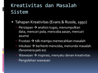 Kreativitas dan Masalah
Sistem
 Tahapan Kreativitas (Evans & Russle, 1992)
   Persiapan  analisis tugas, menumpulkan
      data, mencari pola, mencoba aasan, mencari
      asumsi
     Frustasi  tdk mampu memecahkan masalah
     Inkubasi  berhenti mencoba, menunda masalah
      (fenomena peti es)
     Wawasan  inspirasi, menyatu denan kreativitas
     Pengolahan wawasan
 