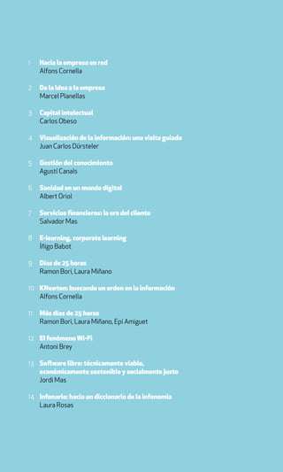 1    Hacia la empresa en red
     Alfons Cornella

2    De la idea a la empresa
     Marcel Planellas

3    Capital intelectual
     Carlos Obeso

4    Visualización de la información: una visita guiada
     Juan Carlos Dürsteler

5    Gestión del conocimiento
     Agustí Canals

6    Sanidad en un mundo digital
     Albert Oriol

7    Servicios financieros: la era del cliente
     Salvador Mas

8    E-learning, corporate learning
     Íñigo Babot

9    Días de 25 horas
     Ramon Bori, Laura Miñano

10 KNewton: buscando un orden en la información
   Alfons Cornella

11   Más días de 25 horas
     Ramon Bori, Laura Miñano, Epi Amiguet

12 El fenómeno Wi-Fi
   Antoni Brey

13 Software libre: técnicamente viable,
   económicamente sostenible y socialmente justo
   Jordi Mas

14 Infonario: hacia un diccionario de la infonomía
   Laura Rosas
 