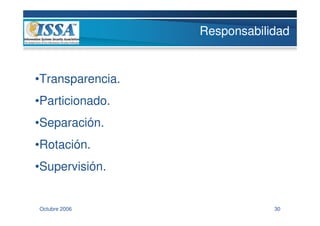 Responsabilidad


•Transparencia.
•Particionado.
•Separación.
•Rotación.
•Supervisión.


Octubre 2006                  30
 