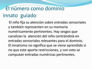El número como dominio
innato guiado
El niño fija su atención sobre entradas sensoriales
y también representen en su memoria
numéricamente pertinentes. Hay sesgos que
canalizan la atención del niño centrándola en
entradas sensoriales relevantes para el dominio.
El innatismo no significa que se viene aprendido si
no que este aporta restricciones, y con esto se
computan entradas numéricas pertinentes.
 