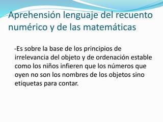 Aprehensión lenguaje del recuento
numérico y de las matemáticas
-Es sobre la base de los principios de
irrelevancia del objeto y de ordenación estable
como los niños infieren que los números que
oyen no son los nombres de los objetos sino
etiquetas para contar.
 