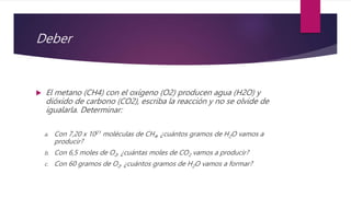 Deber
 El metano (CH4) con el oxígeno (O2) producen agua (H2O) y
dióxido de carbono (CO2), escriba la reacción y no se olvide de
igualarla. Determinar:
a. Con 7,20 x 1021 moléculas de CH4, ¿cuántos gramos de H2O vamos a
producir?
b. Con 6,5 moles de O2, ¿cuántas moles de CO2 vamos a producir?
c. Con 60 gramos de O2, ¿cuántos gramos de H2O vamos a formar?
 