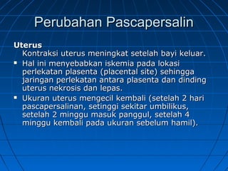 Perubahan PascapersalinPerubahan Pascapersalin
UterusUterus
Kontraksi uterus meningkat setelah bayi keluar.Kontraksi uterus meningkat setelah bayi keluar.
 Hal ini menyebabkan iskemia pada lokasiHal ini menyebabkan iskemia pada lokasi
perlekatan plasenta (placental site) sehinggaperlekatan plasenta (placental site) sehingga
jaringan perlekatan antara plasenta dan dindingjaringan perlekatan antara plasenta dan dinding
uterus nekrosis dan lepas.uterus nekrosis dan lepas.
 Ukuran uterus mengecil kembali (setelah 2 hariUkuran uterus mengecil kembali (setelah 2 hari
pascapersalinan, setinggi sekitar umbilikus,pascapersalinan, setinggi sekitar umbilikus,
setelah 2 minggu masuk panggul, setelah 4setelah 2 minggu masuk panggul, setelah 4
minggu kembali pada ukuran sebelum hamil).minggu kembali pada ukuran sebelum hamil).
 