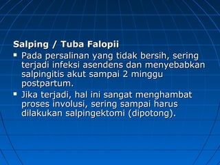 Salping / Tuba FalopiiSalping / Tuba Falopii
 Pada persalinan yang tidak bersih, seringPada persalinan yang tidak bersih, sering
terjadi infeksi asendens dan menyebabkanterjadi infeksi asendens dan menyebabkan
salpingitis akut sampai 2 minggusalpingitis akut sampai 2 minggu
postpartum.postpartum.
 Jika terjadi, hal ini sangat menghambatJika terjadi, hal ini sangat menghambat
proses involusi, sering sampai harusproses involusi, sering sampai harus
dilakukan salpingektomi (dipotong).dilakukan salpingektomi (dipotong).
 