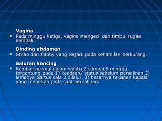 VaginaVagina
 Pada minggu ketiga, vagina mengecil dan timbul rugaePada minggu ketiga, vagina mengecil dan timbul rugae
kembali.kembali.
Dinding abdomenDinding abdomen
 Striae dan flabby yang terjadi pada kehamilan berkurang.Striae dan flabby yang terjadi pada kehamilan berkurang.
Saluran kencingSaluran kencing
 Kembali normal dalam waktu 2 sampai 8 minggu,Kembali normal dalam waktu 2 sampai 8 minggu,
tergantung pada 1) keadaan/ status sebelum persalinan 2)tergantung pada 1) keadaan/ status sebelum persalinan 2)
lamanya partus kala 2 dilalui, 3) besarnya tekanan kepalalamanya partus kala 2 dilalui, 3) besarnya tekanan kepala
yang menekan pada saat persalinan.yang menekan pada saat persalinan.
 
