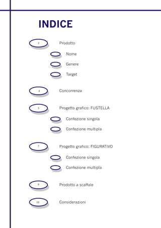 INDICE
 3   Prodotto

        Nome

        Genere

        Target



 4   Concorrenza



 5   Progetto grafico: FUSTELLA

        Confezione singola

        Confezione multipla



 7   Progetto grafico: FIGURATIVO

        Confezione singola

        Confezione multipla



9    Prodotto a scaffale



10   Considerazioni
 