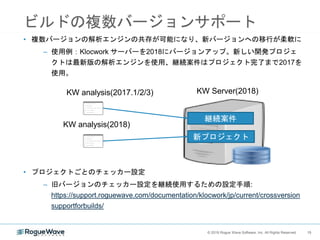 15© 2018 Rogue Wave Software, Inc. All Rights Reserved. 15
ビルドの複数バージョンサポート
• 複数バージョンの解析エンジンの共存が可能になり、新バージョンへの移行が柔軟に
– 使用例：Klocwork サーバーを2018にバージョンアップ。新しい開発プロジェ
クトは最新版の解析エンジンを使用、継続案件はプロジェクト完了まで2017を
使用。
• プロジェクトごとのチェッカー設定
– 旧バージョンのチェッカー設定を継続使用するための設定手順:
https://support.roguewave.com/documentation/klocwork/jp/current/crossversion
supportforbuilds/
KW Server(2018)KW analysis(2017.1/2/3)
KW analysis(2018)
継続案件
新プロジェクト
 