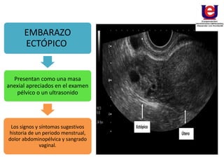EMBARAZO
ECTÓPICO
Presentan como una masa
anexial apreciados en el examen
pélvico o un ultrasonido
Los signos y síntomas sugestivos
historia de un periodo menstrual,
dolor abdominopélvica y sangrado
vaginal.
 