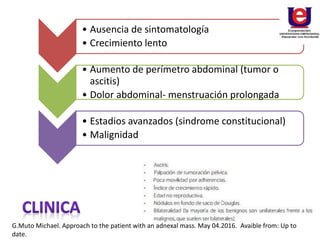 • Ausencia de sintomatología
• Crecimiento lento
• Aumento de perímetro abdominal (tumor o
ascitis)
• Dolor abdominal- menstruación prolongada
• Estadios avanzados (sindrome constitucional)
• Malignidad
G.Muto Michael. Approach to the patient with an adnexal mass. May 04.2016. Avaible from: Up to
date.
 