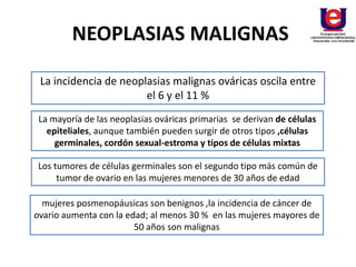 NEOPLASIAS MALIGNAS
La incidencia de neoplasias malignas ováricas oscila entre
el 6 y el 11 %
La mayoría de las neoplasias ováricas primarias se derivan de células
epiteliales, aunque también pueden surgir de otros tipos ,células
germinales, cordón sexual-estroma y tipos de células mixtas
Los tumores de células germinales son el segundo tipo más común de
tumor de ovario en las mujeres menores de 30 años de edad
mujeres posmenopáusicas son benignos ,la incidencia de cáncer de
ovario aumenta con la edad; al menos 30 % en las mujeres mayores de
50 años son malignas
 