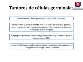 Tumores de células germinales
se derivan de células germinales primordiales de ovario
comprenden aproximadamente 20 a 25 % tumores de ovario general,
pero representan sólo aproximadamente el 5 % por ciento de todos los
tumores de ovario malignos
surgen principalmente en mujeres jóvenes entre 10 y 30 años de edad y
representan el 70%
tumor de células germinales más común en mujeres posmenopáusicas es
la degeneración maligna de un teratoma
 