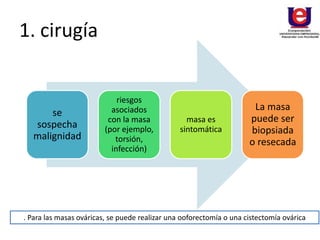 1. cirugía
se
sospecha
malignidad
riesgos
asociados
con la masa
(por ejemplo,
torsión,
infección)
masa es
sintomática
La masa
puede ser
biopsiada
o resecada
. Para las masas ováricas, se puede realizar una ooforectomía o una cistectomía ovárica
 