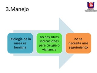3.Manejo
Etiología de la
masa es
benigna
no hay otras
indicaciones
para cirugía o
vigilancia
no se
necesita más
seguimiento
 