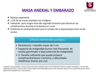  Manejo expectante
 1-2% de las masas anexiales son malignas
 Indicación para cirugía inicio del segundo trimestre para disminuir las
complicaciones durante el embarazo en curso
 Embarazo no contraindicación para el empleo de la laparoscopía como vía de
acceso
Criterios intervención quirúrgica
• Persistencia + tamaño mayor de 5 cm.
• Sospecha de malignidad (tumor más frecuente de
celulas germinales o bajo potencial de malignidad)
• 3. Tamaño suficiente que pueda producir
complicación(rotura o torsión), o dificultades
obstétricas (tumor pre-vio).
Consenso Intersociedades: Consenso Nacional Intersociedades sobre Cáncer Epitelial de Ovario -estadios avanzados- y Tumores No
Epiteliales de Ovario. Junio de 2014. Revista Argentina De Radiología [serial on the Internet]. (2016, July 1), [cited February 10, 2017];
80219-233. Available from: ScienceDirect
 