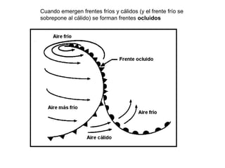 Cuando emergen frentes fríos y cálidos (y el frente frío se
sobrepone al cálido) se forman frentes ocluidos
 