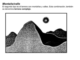 Montaña/valle
El segundo tipo es el terreno con montañas y valles. Esta combinación, también
se denomina terreno complejo.
 