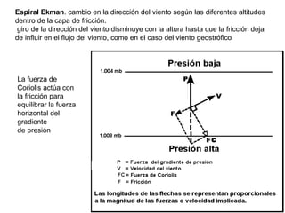 Espiral Ekman. cambio en la dirección del viento según las diferentes altitudes
dentro de la capa de fricción.
giro de la dirección del viento disminuye con la altura hasta que la fricción deja
de influir en el flujo del viento, como en el caso del viento geostrófico
La fuerza de
Coriolis actúa con
la fricción para
equilibrar la fuerza
horizontal del
gradiente
de presión
 