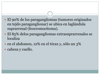  El 90% de los paragangliomas (tumores originados
  en tejdo paraganglionar) se ubica en laglándula
  suprarrenal (feocromocitoma).
 El 85% delos paragangliomas extrasuprarrenales se
  localiza
 en el abdomen, 12% en el tórax y, sólo un 3%
 cabeza y cuello.
 