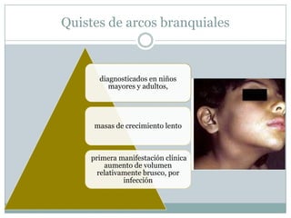 Quistes de arcos branquiales



      diagnosticados en niños
         mayores y adultos,




     masas de crecimiento lento



    primera manifestación clínica
        aumento de volumen
      relativamente brusco, por
              infección
 