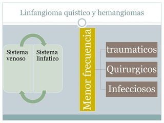 Linfangioma quístico y hemangiomas




                      Menor frecuencia
Sistema   Sistema                        traumaticos
venoso    linfatico
                                         Quirurgicos

                                         Infecciosos
 