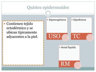Quistes epidermoides

                         • hipoecogénicos     • hipodensos
 Contienen tejido
 ectodérmico y se
 ubican típicamente
 adyacentes a la piel.   USO                   TC
                                   • Senal liquida




                                    RM
 