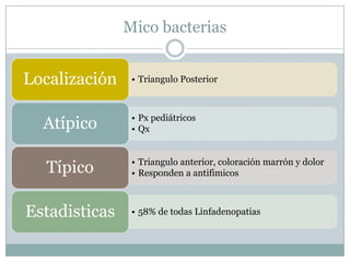 Mico bacterias


Localización    • Triangulo Posterior



                • Px pediátricos
  Atípico       • Qx


                • Triangulo anterior, coloración marrón y dolor
  Típico        • Responden a antifimicos



Estadisticas    • 58% de todas Linfadenopatias
 