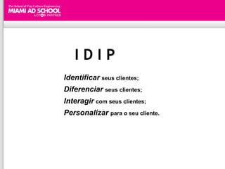 IDIP
Identificar seus clientes;
Diferenciar seus clientes;
Interagir com seus clientes;
Personalizar para o seu cliente.
 