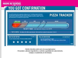 Domino´s Pizza – PIZZA TRACKER




             - Hotsite interativo onde você cria sua própria pizza
- Personalize: adicione ingredientes e controle a quatidade de cada elemento.
                    - Compra e recebimento em 30 minutos
 