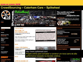 CrowdSourcing – Caterham Cars – Splitwheel http://www.splitwheel.com/ Projeto online para conceber e construir um novo carro de alta performance baseado na decisão coletiva. 
