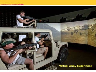 America´s Army - Aumentar o recrutamento “ Criado pelo exército, projetado pelo exército, desenvolvido pelo exército ... porque ninguém entende o exército como o exército!” branding e marketing – valores do exército american –  US$ 7 milhões para produzir / US$ 2 milhões anuais para manter - A distribuição gratuita via Internet em abril de 2004 tinha cinco milhões de jogadores cadastrados, que jogaram mais de 600 milhões de missões de dez minutos cada. Dos que visitaram o site do jogo, 30% acessaram também o site de recrutamento Virtual Army Experience  