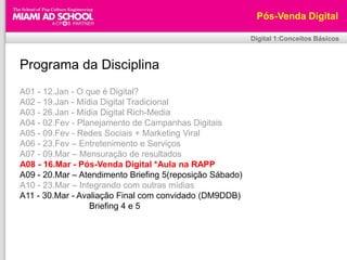 Plinio Okamotoplinio.okamoto@rappbrasil.com.brPós-Venda DigitalDigital 1:Conceitos BásicosPrograma da DisciplinaA01 - 12.Jan - O que é Digital?A02 - 19.Jan - Mídia Digital TradicionalA03 - 26.Jan - Mídia Digital Rich-MediaA04 - 02.Fev - Planejamento de Campanhas Digitais  A05 - 09.Fev - Redes Sociais + Marketing Viral  A06 - 23.Fev – Entretenimento e Serviços A07 - 09.Mar – Mensuração de resultadosA08 - 16.Mar - Pós-Venda Digital *Aula na RAPPA09 - 20.Mar – Atendimento Briefing 5(reposição Sábado) A10 - 23.Mar – Integrando com outras mídias A11 - 30.Mar - Avaliação Final com convidado (DM9DDB)Briefing 4 e 5