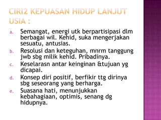 a.   Semangat, energi utk berpartisipasi dlm
     berbagai wil. Kehid, suka mengerjakan
     sesuatu, antusias.
b.   Resolusi dan keteguhan, mnrm tanggung
     jwb sbg milik kehid. Pribadinya.
c.   Keselarasn antar keinginan &tujuan yg
     dicapai.
d.   Konsep diri positif, berfikir ttg dirinya
     sbg seseorang yang berharga.
e.   Suasana hati, menunjukkan
     kebahagiaan, optimis, senang dg
     hidupnya.
 