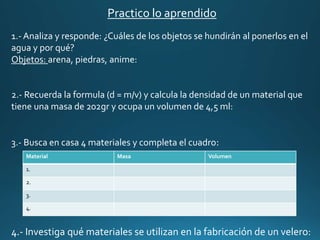 Practico lo aprendido
1.- Analiza y responde: ¿Cuáles de los objetos se hundirán al ponerlos en el
agua y por qué?
Objetos: arena, piedras, anime:
2.- Recuerda la formula (d = m/v) y calcula la densidad de un material que
tiene una masa de 202gr y ocupa un volumen de 4,5 ml:
3.- Busca en casa 4 materiales y completa el cuadro:
4.- Investiga qué materiales se utilizan en la fabricación de un velero:
Material Masa Volumen
1.
2.
3.
4.
 